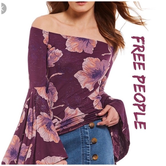 FREE PEOPLE Off the Shoulder Boho Burgundy/Pink Floral Top Flounce Sleeve Small… - Picture 8 of 10
